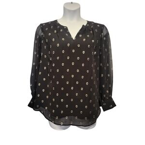 Talbots 1X Black Silver Hearts Chiffon LS Blouse  Career Valentine‎ Country Club